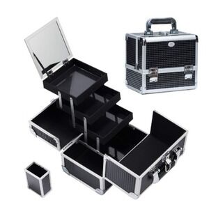 Joligrace‎ Black Cosmetics Jewelry Train Organiser Lockable Mirror Vanity Case